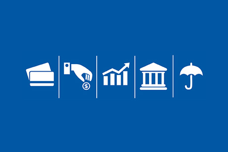 Blue banner with logos for a credit card, depositing money, a histogram chart, hey bank logo, and an umbrella